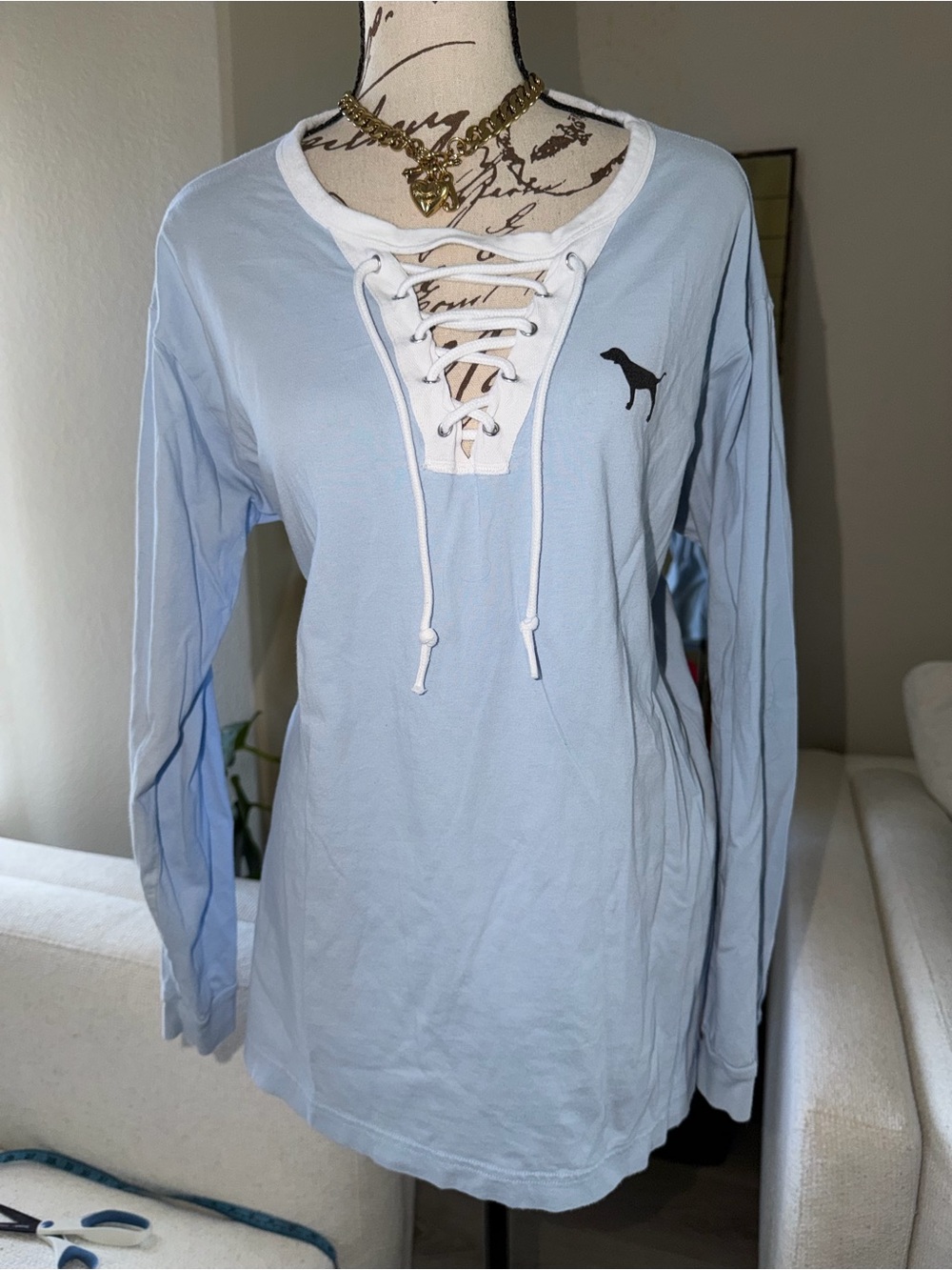 PINK Victoria's Secret Light Blue Lace-Up Long Sleeve Tee